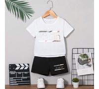 Ensemble t-shirt à manches courtes et short avec imprimé lettre minimaliste pour jeunes garçons, printemps/été 6Y,7Y,4Y,5YRayéPolyester