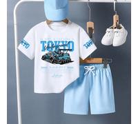 Ensemble t-shirt à manches courtes et short imprimé lettres et voitures pour bébé garçon, style décontracté d'été 6-9M,9-12M,12-18M,18-24M,2-3Y,3-6MBlocs de couleur,Géométrique,LettresPolyester