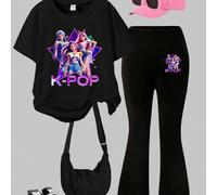 Ensemble t-shirt à manches courtes noir imprimé graphique K-Pop et pantalon évasé noir pour préadolescentes, confortable et décontracté. Convient pour toutes les saisons, port quotidien, activités ext