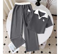 Ensemble t-shirt casual à col polo et pantalon avec imprimé chevalier pour préadolescentes 7Y,8Y,9Y,10Y,11Y,12YBlocs de couleur,graphiquePolyester