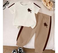 Ensemble T-shirt col rond et pantalon assorti pour bébé garçon, style décontracté classique, patchwork kaki bicolore, rayures latérales, imprimé chevalier, convient pour l'été, le port décontracté, l'