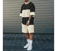 Ensemble T-shirt col rond manches courtes pour hommes, bloc de couleurs noir et blanc, épaules tombantes, coupe ample, streetwear d'été, city break, style vintage old money L,M,S,XL,XXLBlocs de couleu