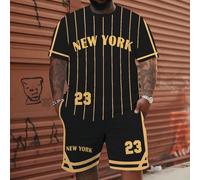 Ensemble T-shirt col rond rayé NEW YORK 23 et short à poches pour hommes grande taille, convient comme cadeau ou pour une fête 1XL,2XL,3XL,4XL,5XL,6XLLettres,RayéTissu tricoté
