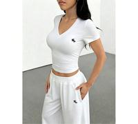 Ensemble T-shirt col V ajusté et pantalon droit ample pour femmes, style décontracté élégant avec broderie, tenue de sport avec broderie cheval, tenue de remise des diplômes L,M,S,XLAnimalTissu tricot