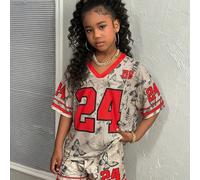 Ensemble t-shirt col V en tissu maille et short décontracté pour filles préadolescentes, imprimé camouflage branche numéro 24, tenue de sport d'été, beige, cow-boy 8Y,9Y,10Y,11Y,12YAnimal,graphique,Ra