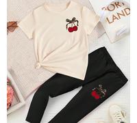 Ensemble T-shirt court basique et leggings pour filles, mode créative minimaliste avec imprimé léopard, nœud et motif cerise 6Y,7Y,4Y,5YBlocs de couleur,Fruits & légumes,Motif texturéTissu tricoté