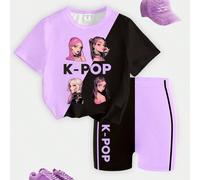 Ensemble t-shirt court et short de vélo pour fille, style décontracté, créatif, personnalité fraîche, minimaliste, cool, personnage de groupe virtuel, lettrage graphique violet clair et noir, slogan,