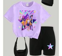 Ensemble t-shirt court et short de vélo pour jeunes filles, style décontracté et à la mode. Imprimé graphique avec personnage de groupe virtuel, étoiles violettes scintillantes et slogan. Tenue confor