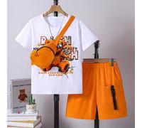 Ensemble t-shirt décontracté avec imprimé ours et short pour tout-petits garçons avec mini sac bandoulière - orange 6Y,7Y,4Y,5YCartoon,Lettres,PlantesPolyester