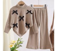 Ensemble T-shirt décontracté pour filles (petite taille) Automne/Hiver, nouveau, avec décoration nœud 3D noir à l'avant, pull irrégulier à col montant en tricot côtelé brossé, top T-shirt à manches lo