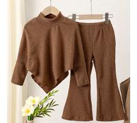 Ensemble T-shirt décontracté pour filles (petite taille) printemps/automne/hiver, Top asymétrique à col montant en tricot côtelé brossé de couleur beige unicolore à manches longues, associé à un panta