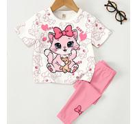 Ensemble T-shirt et Legging Bébé Fille Imprimé Chat Animal Mignon Blanc Crème & Rose, Tenue d'Été Décontractée Manches Courtes Col Rond Douce pour Bébé Fille, Style Travail 6-9M,9-12M,12-18M,18-24M,2-