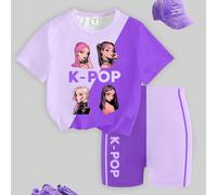 Ensemble T-shirt et short cycliste décontractés, à la mode printemps-été, pour jeunes filles. Style minimaliste et frais, inspiré des groupes virtuels. Imprimé graphique à rayures violet clair et viol