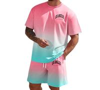 Ensemble t-shirt et short en polyester ombré pour homme, manches courtes | Ensemble 2 pièces assorti avec un t-shirt à manches courtes et un short à taille élastique, effet de couleur ombrée et petite