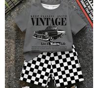 Ensemble T-shirt et Short pour Jeune Garçon, Style décontracté Simple Classique Rétro avec Imprimé Graphique de Course et Imprimé Graphique de Drapeau à Carreaux Noir et Blanc Classique 6Y,7Y,4Y,5YLet