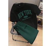 Ensemble t-shirt noir imprimé lettres New York et pantalon vert, taille standard, à la mode jeune, convient pour le port décontracté quotidien L,M,S,XL,XS,XXL,XXS,XXXL,XXXXLBlocs de couleur,LettresTis