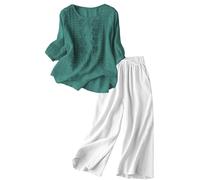 Ensemble t-shirt pour femme col en U manches 3/4 en coton - Pantalon ample décontracté - Tenue deux pièces avec haut et pantalon - Respirant et confortable - Pour le quotidien, les vacances à la plage