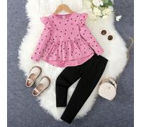 Ensemble T-shirt pour fillettes de 2 à 6 ans pour le retour à l'école au printemps/automne, motif cœur rose avec manches à volants, Top à col rond à manches longues assorti à un pantalon casual noir u