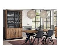 JENNA - Ensemble Table 170cm + Vitrine 4 Portes Aspect Bois et Métal -