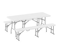 Outsunny Ensemble Table Pliante et bancs de Pique-Nique 180 cm, Table Camping Pliante avec chaises Portable avec poignées de Transport, Banc Pliable pour terrasse, Jardin, Barbecue, Blanc