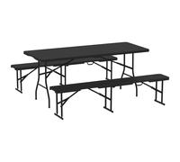 Ensemble Table 2 Bancs Pliables Avec Poignées - Usage Pique-Nique Camping - Métal Époxy Hdpe Effet Rotin Noir