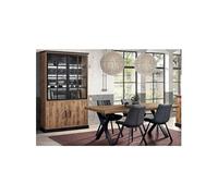 JENNA - Ensemble Table 230cm + Vitrine 4 Portes Aspect Bois et Métal -