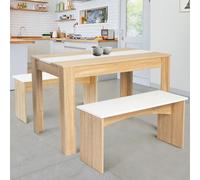 Ensemble Table À Manger 110 Cm Et 2 Bancs Rozy 4 Personnes Hêtre Et Blanc Blanc