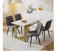 Ensemble Table à Manger avec 4 Chaises en Velours - Style Modern Luxe - Rectangulaire - Plateau Effet Marbre -MDF-Table et Chaises