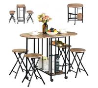 Ensemble Table à Manger avec 4 Chaises,Ensemble Table Cuisine Pliable avec Chaises Pliante,Bois MDF et Métal avec Rangement pour Casier à vin,pour Petits Espaces,Cuisine Bistro(Marron Rustique)