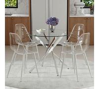 Ensemble Table à Manger en Verre Trempé et 4 Chaises, Argent et Transparent