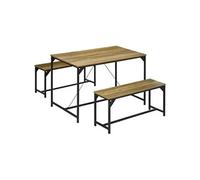 Ensemble Table À Manger Et 2 Bancs 4 Personnes Noir Aspect Bois Clair Beige