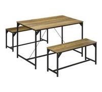 Ensemble table à manger et 2 bancs 4 personnes châssis acier noir plateau assises aspect bois clair naturel Beige G