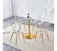 Ensemble Table à Manger et 4 Chaises en Verre Trempé, Moderne, Or, 5 Pièces