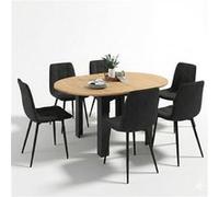 IDMARKET Ensemble table à manger extensible ronde DONA noire plateau façon hêtre 110 - 150 cm et 6 chaises MILA velours noir