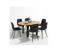 IDMARKET Ensemble table à manger extensible ronde DONA noire plateau façon hêtre 110 - 150 cm et 6 chaises MILA velours noir