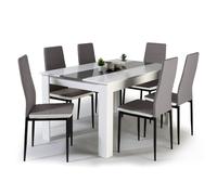 IDMarket Ensemble table à manger GEORGIA 140 cm blanche/grise +6 chaises ROMANE grises liseré blanc