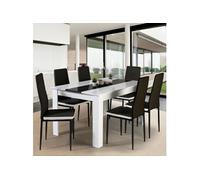 Ensemble table à manger GEORGIA 140 cm blanche et noire et 6 chaises ROMANE noires liseré blanc