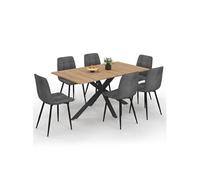 IDMARKET Ensemble table à manger rectangle ALIX 160 cm bois et noir et 6 chaises MILA en velours gris foncé