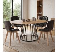 IDMarket Table ronde YUNA extensible 110-150cm bois, pied filaire métal + 4 chaises ROBINE PU noires