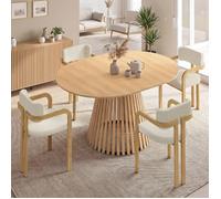 Ensemble table à manger ronde CARMEN 4-8 personnes en bois et 4 chaises ESMA effet bois et bouclette avec accoudoirs
