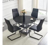 Ensemble Table à Manger Ronde et 4 Chaises, MDF et Métal, Noir, 5 Pièces