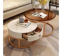 Ensemble table basse ronde gigogne avec tiroir de rangement, plateau en verre moderne et cadre en métal pour salon, canapé ou espace à thé