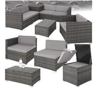 Ensemble table chaise de jardin - TECTAKE - Canapé de jardin PISE 5 places en rotin avec coffre de rangement, coussins - Gris
