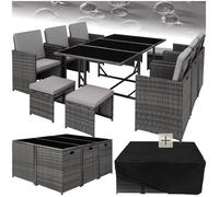 Salon de jardin - TECTAKE - Ensemble repas d'extérieur MALAGA 10 personnes pliable encastrable en rotin avec housse - Gris