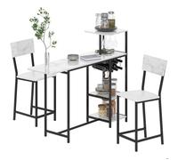 Ensemble Table De Bar 2 Tabourets - Table À Rabat, Casiers À Vin 6 Bouteilles, Porte-Verres, 3 Étagères - Acier Noir Effet Marbre Blanc Blanc