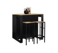 IDMarket – Ensemble table de bar Juno îlot noir, plateau façon hêtre, 2 tabourets Detroit