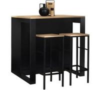 IDMarket – Ensemble table de bar Juno îlot noir, plateau façon hêtre, 2 tabourets Detroit