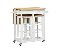 HOMCOM Ensemble table de bar pliable roulettes + 2 tabourets blanc et bois clair - 2 tiroirs et porte-torchons