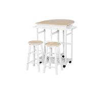 HOMCOM Ensemble Table de Bar Pliable sur roulettes avec étagère et 2 tiroirs + 2 tabourets Bois pin MDF Blanc chêne Clair