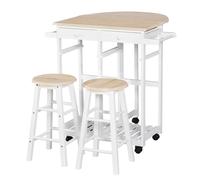 HOMCOM Ensemble Table de Bar Pliable sur roulettes avec étagère et 2 tiroirs + 2 tabourets Bois pin MDF Blanc chêne Clair
